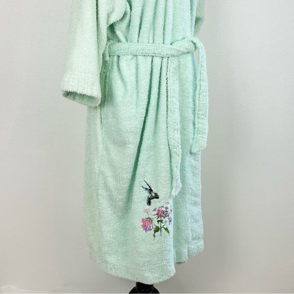 Vintage Blair Womens Terrycloth Robe Wrap Tie Embroider Hummingbird Mint Green - Picture 6 of 11